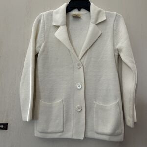 Vintage 1970s Women’s White Knit Fashion Cardigan Blazer Sweater Collar Sz Small